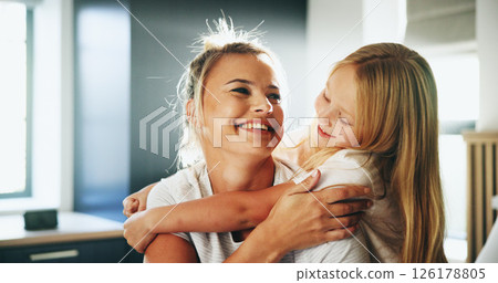 Happy, mother and hug child in bedroom for love, security and playful by bonding together. Smile, family and embrace with girl for support, affection and parental care for childhood growth at house 126178805