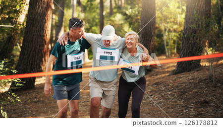 Race, people running and help to finish line for exercise aid, fitness and challenge together in forest. Mature team, runner and support for marathon with leg injury, sprain or tired at sports event Race, people running and help to finish line for exercise aid, fitness and challenge together in forest. Mature team, runner and support for marathon with leg injury, sprain or tired at sports event 126178812