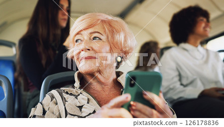 Bus, senior woman and thinking with phone for travel location, message and communication with contact. Public transport, elderly person and passenger with mobile for map application, commute and chat 126178836
