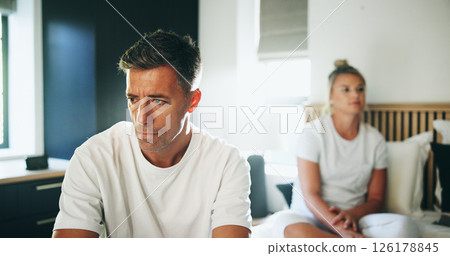 Frustrated couple, disagreement and fight in bedroom for divorce, breakup or argument at home. Upset, woman and man with ignore or affair for toxic relationship, dispute or conflict on bed at house Frustrated couple, disagreement and fight in bedroom for divorce, breakup or argument at home. Upset, woman and man with ignore or affair for toxic relationship, dispute or conflict on bed at house 126178845