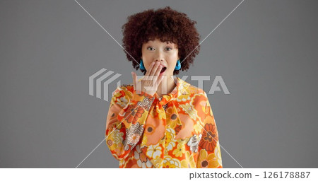 Surprise, gossip and portrait of woman in studio with announcement, good news or secret with wow. Mockup space, shock and female person with amazed, excited or OMG face expression by gray background. 126178887