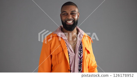 Fashion, happy and portrait of black man in studio to model retro clothes, outfit or style. Confident, satisfaction and smile with African person isolated on gray background for vintage aesthetic Fashion, happy and portrait of black man in studio to model retro clothes, outfit or style. Confident, satisfaction and smile with African person isolated on gray background for vintage aesthetic 126178952