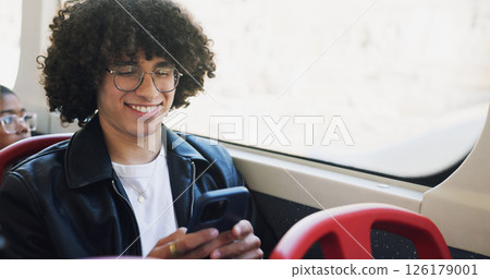 Phone, happy and man on bus online for checking university exam results on mobile app with travel. Cellphone, college and male student reading acceptance email on public transportation in city. Phone, happy and man on bus online for checking university exam results on mobile app with travel. Cellphone, college and male student reading acceptance email on public transportation in city. 126179001