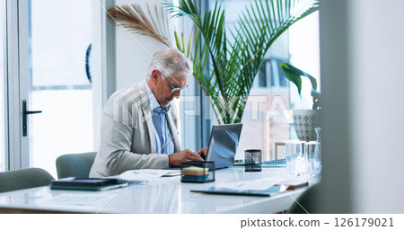 Mature, accountant or businessman with laptop for budget savings, risk assessment or research. Financial management, review or investment banker with documents for accounting, taxes or profit growth 126179021