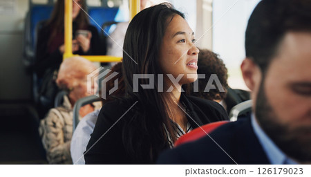 Thinking, woman and travel on bus in city for public transport, view and sightseeing. Female person, passenger and vehicle with reflection for trip, urban journey and morning commute to destination Thinking, woman and travel on bus in city for public transport, view and sightseeing. Female person, passenger and vehicle with reflection for trip, urban journey and morning commute to destination 126179023