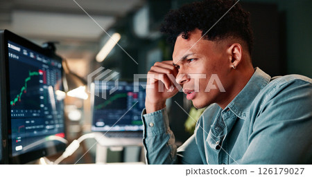 Man, trading and computer screen with stress for graphs with market crash, results and stock value at office. Person, frustrated and investor at night for stats, worry and lost revenue at agency 126179027