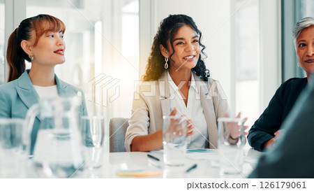 Meeting, planning and teamwork with business people in office for review, quarterly profit margin and sales update. Portfolio shareholder, investor feedback and account advisor with employees 126179061