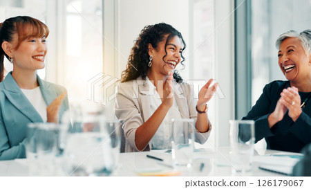 Business women, applause and success at meeting, happy and team goals with profit at finance agency. Group, people and excited with cheers, celebration and achievement with revenue growth at company 126179067