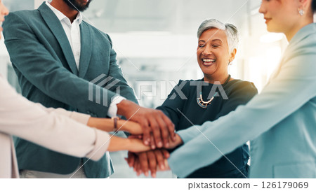 Business people, meeting and hands together with team for mission, motivation or collaboration at office. Happy group, employees or colleagues piling with smile in unity for solidarity at workplace Business people, meeting and hands together with team for mission, motivation or collaboration at office. Happy group, employees or colleagues piling with smile in unity for solidarity at workplace 126179069