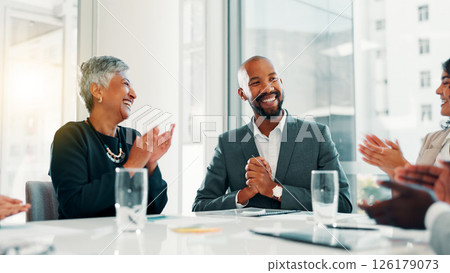 Business people, meeting and applause in celebration, achievement or negotiation success at office. Employees, team announcement or group clapping hands for partnership, prize or contract goal winner 126179073