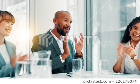 Business man, applause and team at office with meeting, profit and happy for goals at finance agency. Group, women and excited with cheers, celebration and achievement with revenue growth at company 126179074