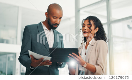 Document, tablet and business people in office for project, planning and collaboration. Professional, teamwork and man with woman for meeting with digital tech for online report, research and website 126179075