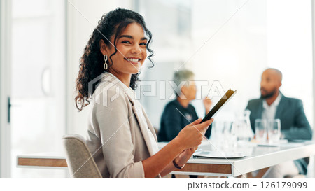 Portrait, smile and business woman with tablet in office for email, finance and tax consultant coworking. Digital technology, happy and confident professional accountant with audit for bookkeeping 126179099