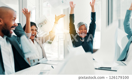 Business people, documents and excited with celebration for achievement, done or finished at office. Employees, group applause and throwing paperwork in air for success, completion and contract goal 126179100