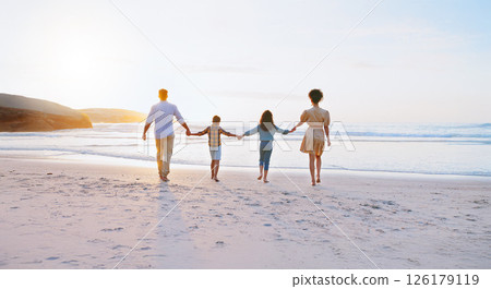 Back, parents and holding hands with children on beach for summer holiday, travel and bonding together. Space, family and journey on ocean for getaway, tropical vacation and adventure of weekend trip 126179119