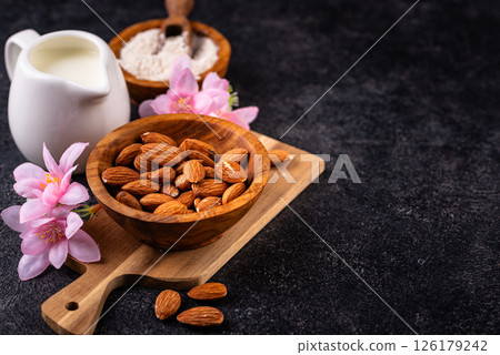 Almond alternative milk, oil and flour 126179242