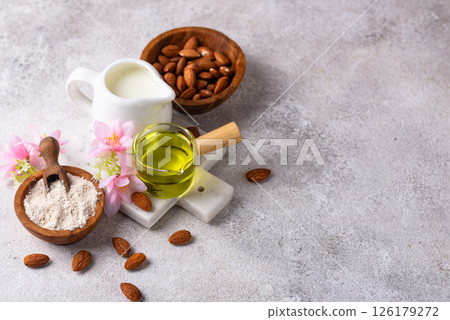 Almond alternative milk, oil and flour Almond alternative milk, oil and flour 126179272