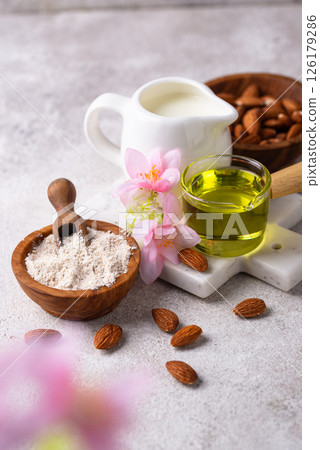 Almond alternative milk, oil and flour Almond alternative milk, oil and flour 126179286