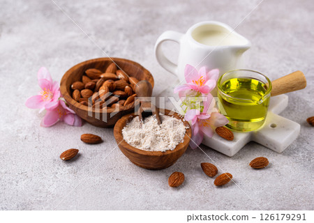 Almond alternative milk, oil and flour Almond alternative milk, oil and flour 126179291