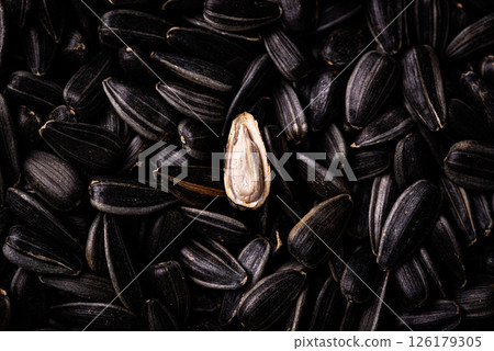 Sunflower seeds on black background texture 126179305