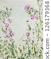 Delicate palette knife painting of blooming pink and white flowers on soft pastel background. Impressionism style. Concept of tender floral elegance, romantic art, textured lively sunny garden 126179368