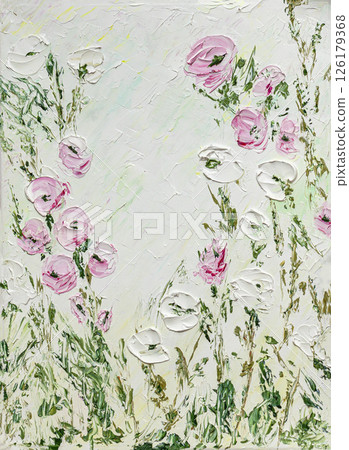 Delicate palette knife painting of blooming pink and white flowers on soft pastel background. Impressionism style. Concept of tender floral elegance, romantic art, textured lively sunny garden Delicate palette knife painting of blooming pink and white flowers on soft pastel background. Impressionism style. Concept of tender floral elegance, romantic art, textured lively sunny garden 126179368