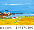 Summer sea. Vibrant oil painting of sandy seashore with rocks, trees, calm blue sea and sailboats under bright blue sky. Concept of scenic seascape, freedom, vibrant painting style 126179369