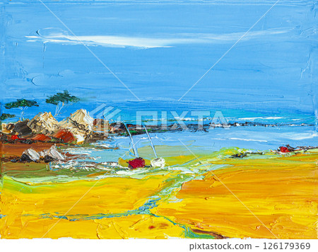 Summer sea. Vibrant oil painting of sandy seashore with rocks, trees, calm blue sea and sailboats under bright blue sky. Concept of scenic seascape, freedom, vibrant painting style 126179369