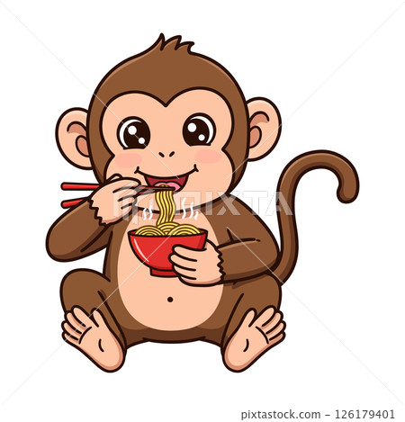 Cartoon monkey eating noodles with chopsticks from a bowl vector illustration on white background. 126179401