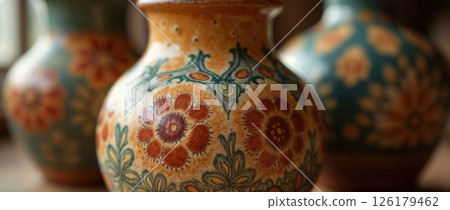 Hand-painted ceramic vase with vibrant floral pattern detail 126179462