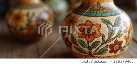 Colorful hand-painted decorative pottery vase with flowers 126179463