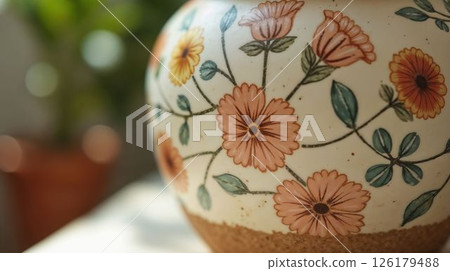 Decorative ceramic pot featuring delicate hand painted flower design 126179488