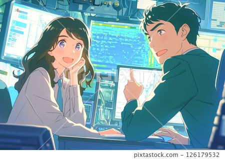 A man pointing at the screen and a smiling female engineer_Illustration 2 126179532