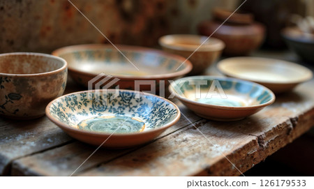 Handmade ceramic bowls sitting on a rustic wooden shelf 126179533