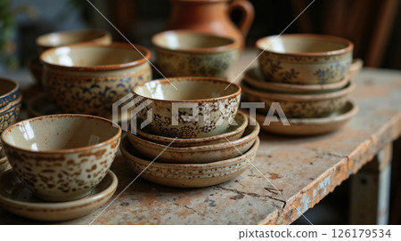 Collection of rustic handmade ceramic bowls and cups 126179534