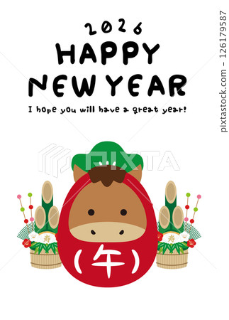 2026新年賀卡，達摩馬，白色背景，垂直，兩面都有門松 126179587