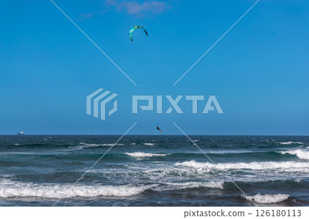 Kitesurfing at Playa de La Laja near Las Palmas, Gran Canaria, Canary Islands 126180113