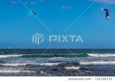 Kitesurfing at Playa de La Laja near Las Palmas, Gran Canaria, Canary Islands 126180114