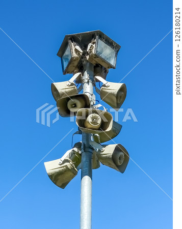 Metal Pole With Dirty Lights And Loudspeakers. 126180214