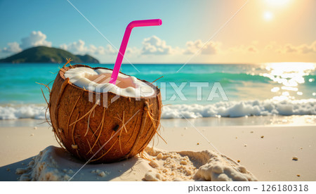 A coconut drink on a beach at sunset. 126180318
