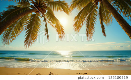 Tropical beach with palm trees and ocean waves. 126180319
