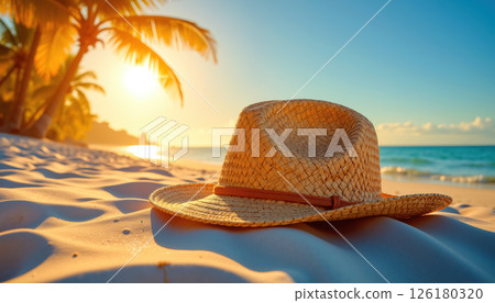 A straw hat on a sunny beach at sunset. 126180320