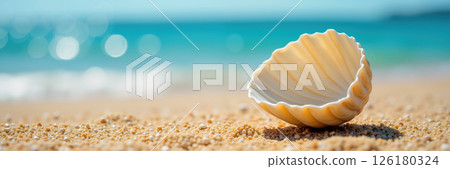 A seashell on a sandy beach with sparkling water in the background. 126180324