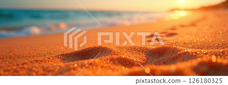 Golden sandy beach at sunset. 126180325
