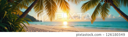 Tropical beach sunset with palm trees. 126180349
