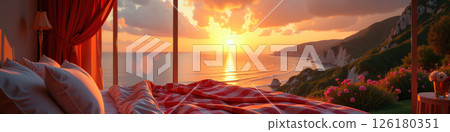 A serene bedroom with a coastal sunrise view. 126180351