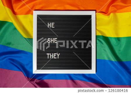 HE SHE THEY text Neo pronouns concept on Rainbow flag background gender pronouns. Non-binary people rights transgenders. Lgbtq community support assume my gender tolerance equal rights 126180416