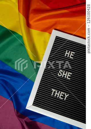 HE SHE THEY text Neo pronouns concept on Rainbow flag background gender pronouns. Non-binary people rights transgenders. Lgbtq community support assume my gender tolerance equal rights 126180428