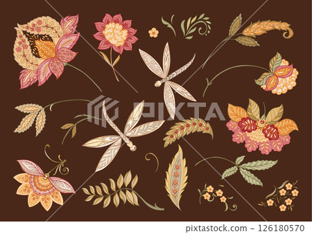 Fantasy flowers in retro, vintage, jacobean embroidery style 126180570