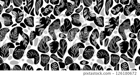 Monochrome branches with leaves and flowers seamless background. hand drawn. Not AI, Vector illustration 126180672